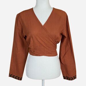 Namaste Corfu Wrap Blouse Top Size S (READ) Rust 100% Cotton Crop 3/4 Sleeves